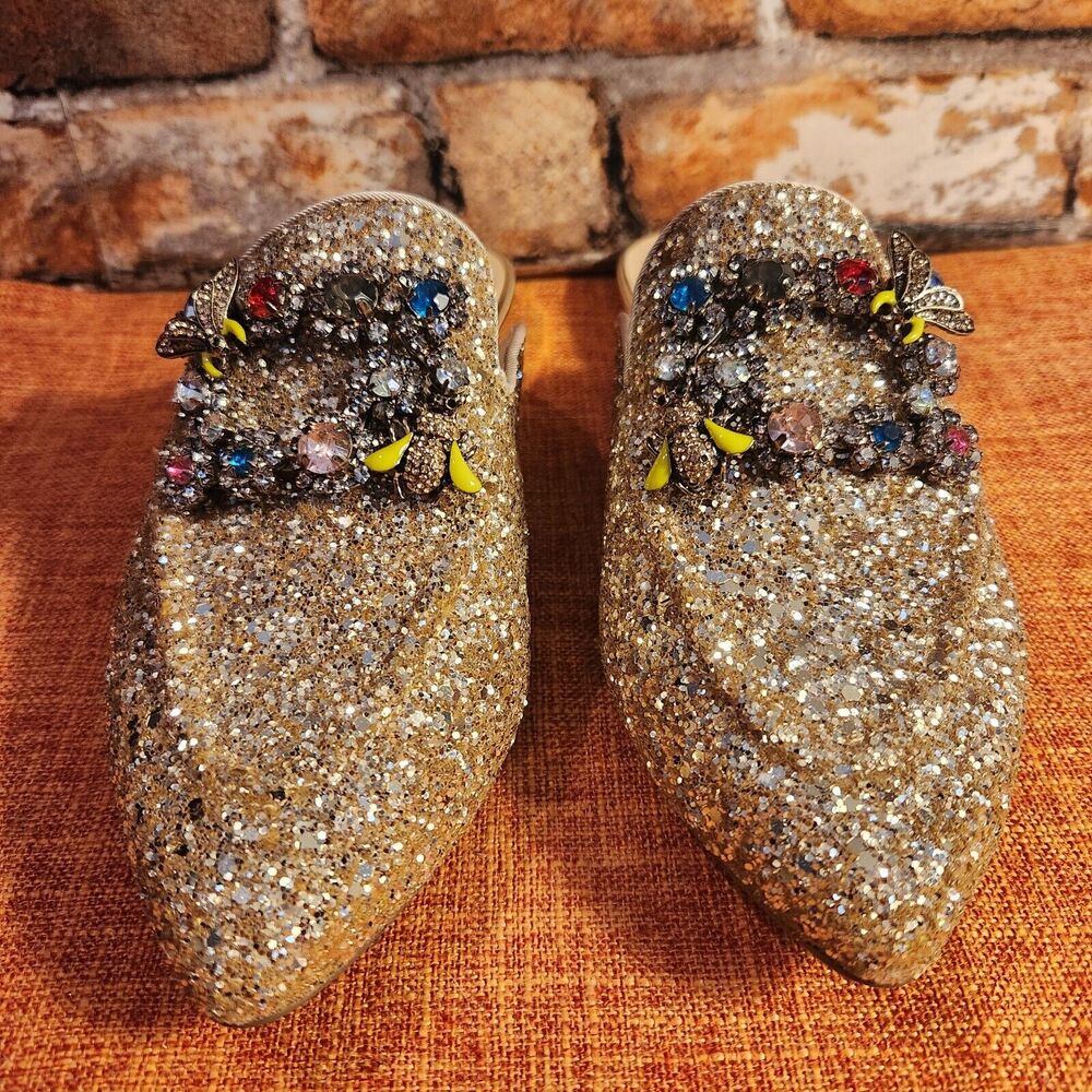 Nanette Lepore Gold Glitter Jeweled Mules